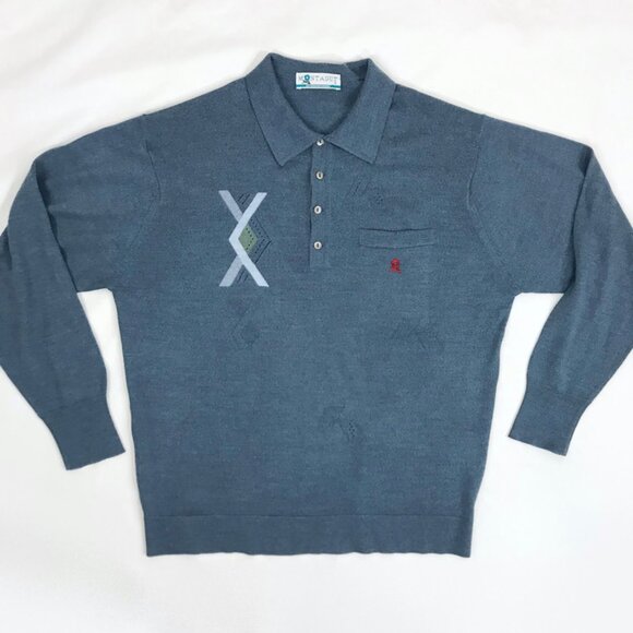 Montagut Paris Blue Wool Acrylic Knit Long Sleeved Polo Sweater 5 - Picture 3 of 6